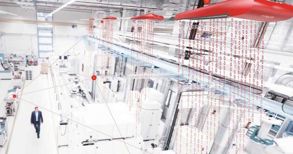 Digitale Vernetzung in moderner Fabrikhalle