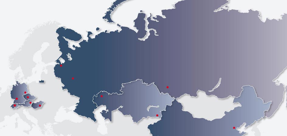 Europa und Asienkarte mit den Standorten von KÜBLER Hallenheizungen farblich markiert
