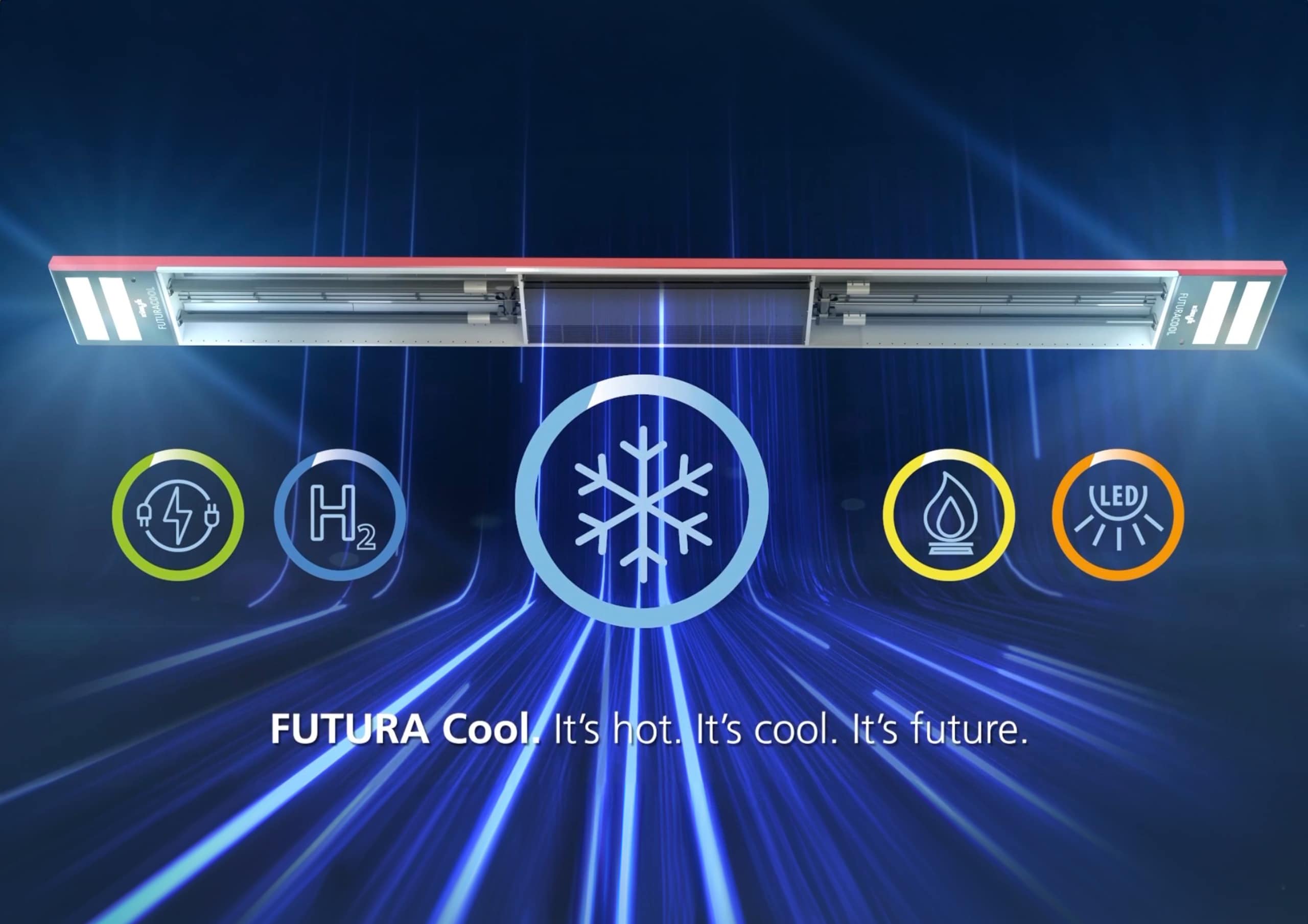 FUTURA Klimaanlage mit Energieeffizienz-Symbolen.
