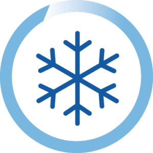 Schneeflockensymbol in blauem Kreis.