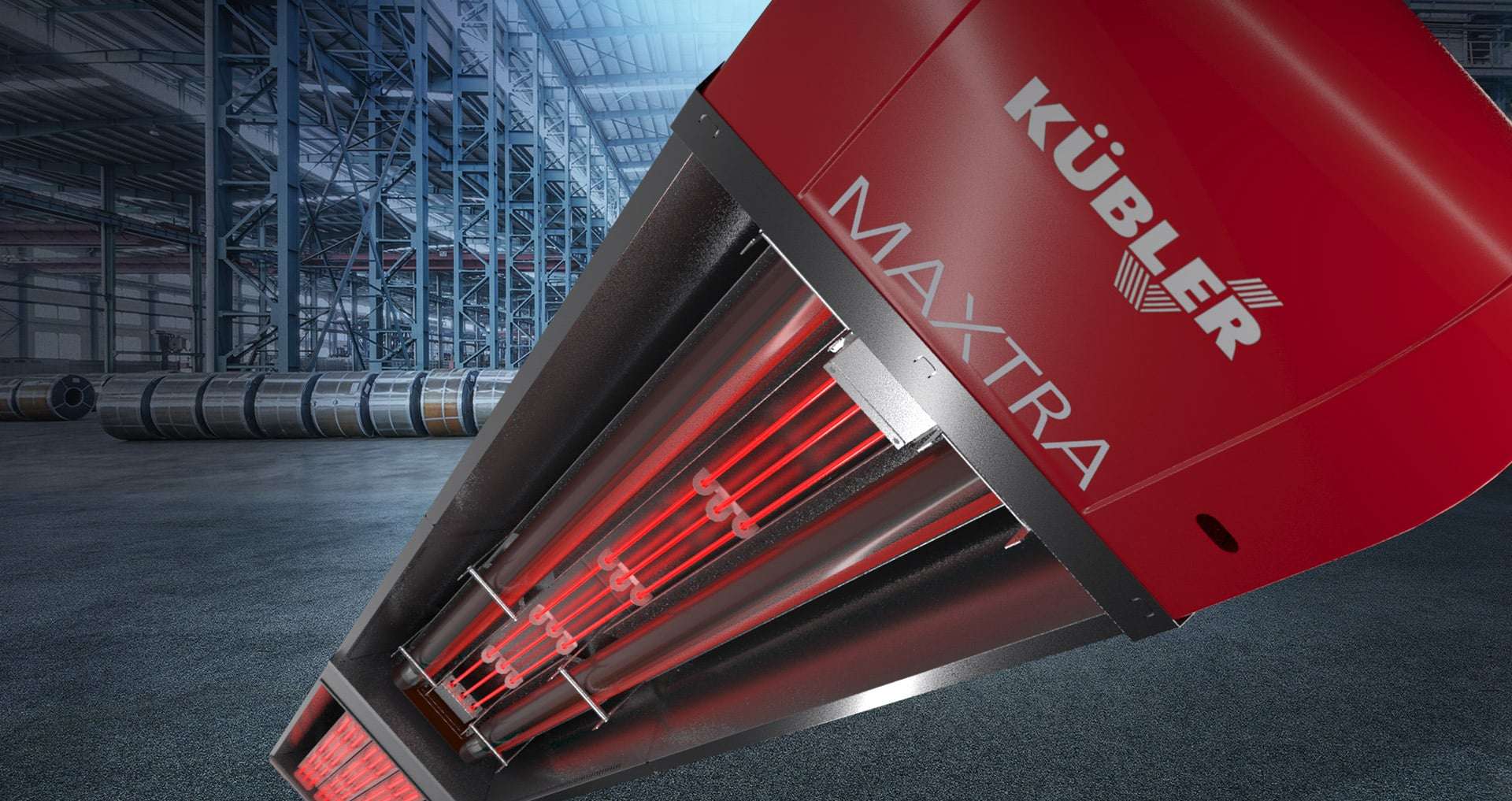 Kübler MAXTRA industrial infrared heater in warehouse