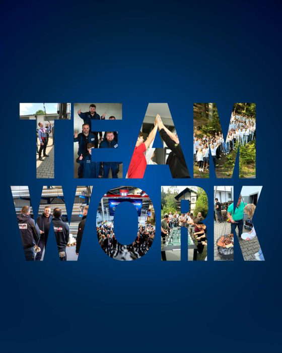 Collage von Team-Events in Großbuchstaben 'TEAMWORK'