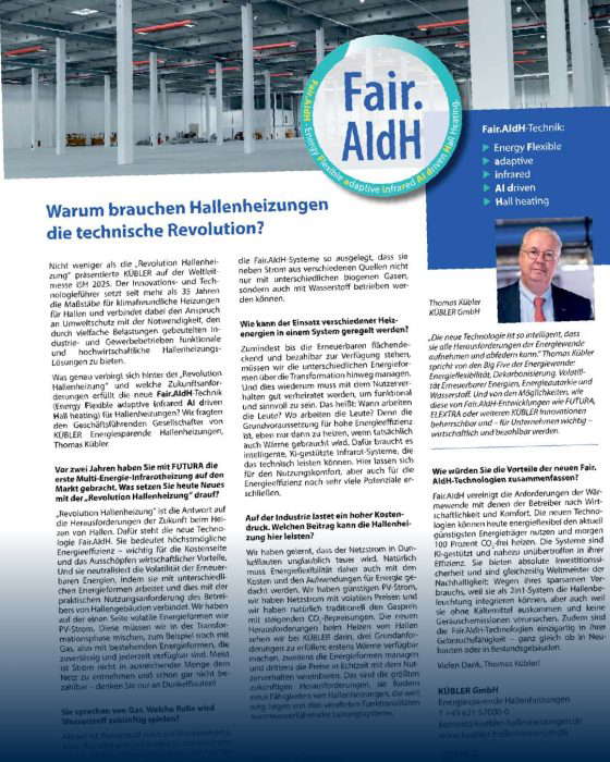 Werbung für innovative Hallenheiztechnologie und Interview