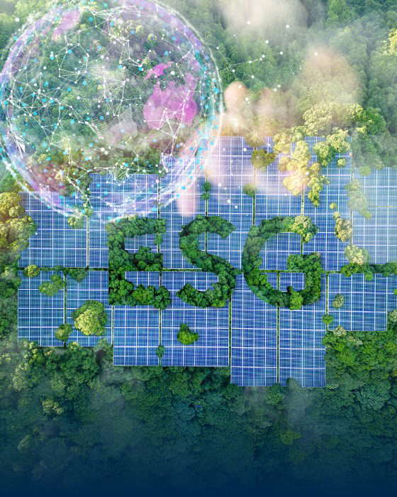 Grafik mit ESG, Solarzellen und Erde
