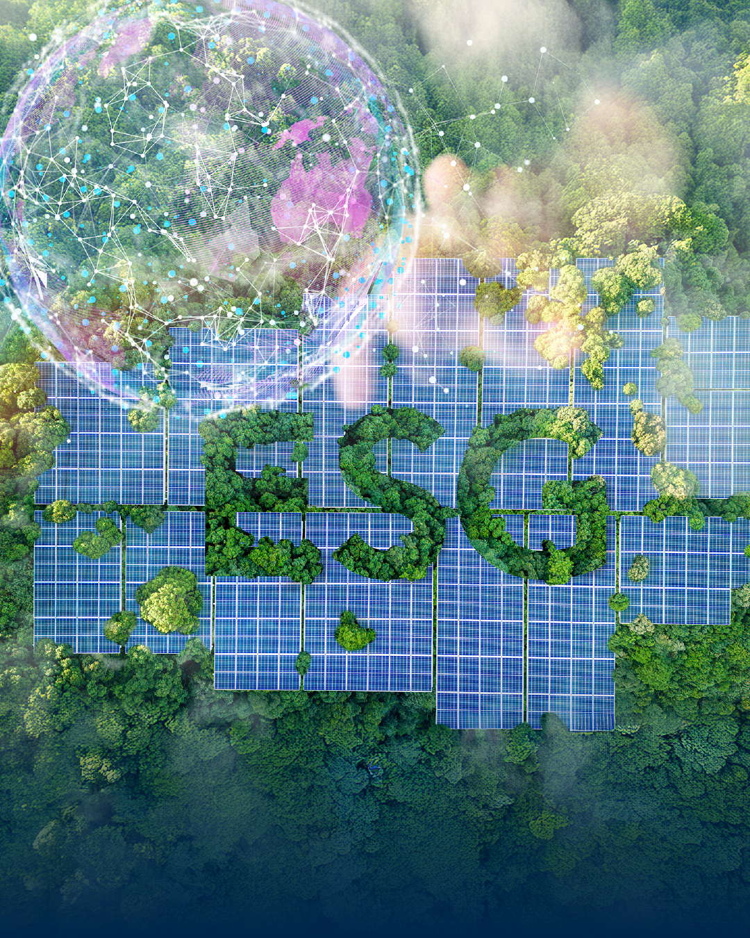 Grafik mit ESG, Solarzellen und Erde