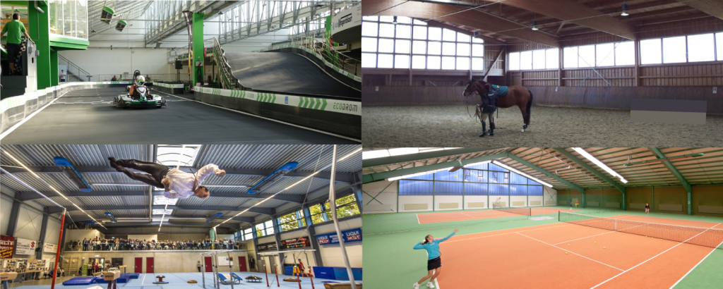 Verschiedene Indoor-Sportarten: Kartfahren, Reiten, Turnen, Tennis