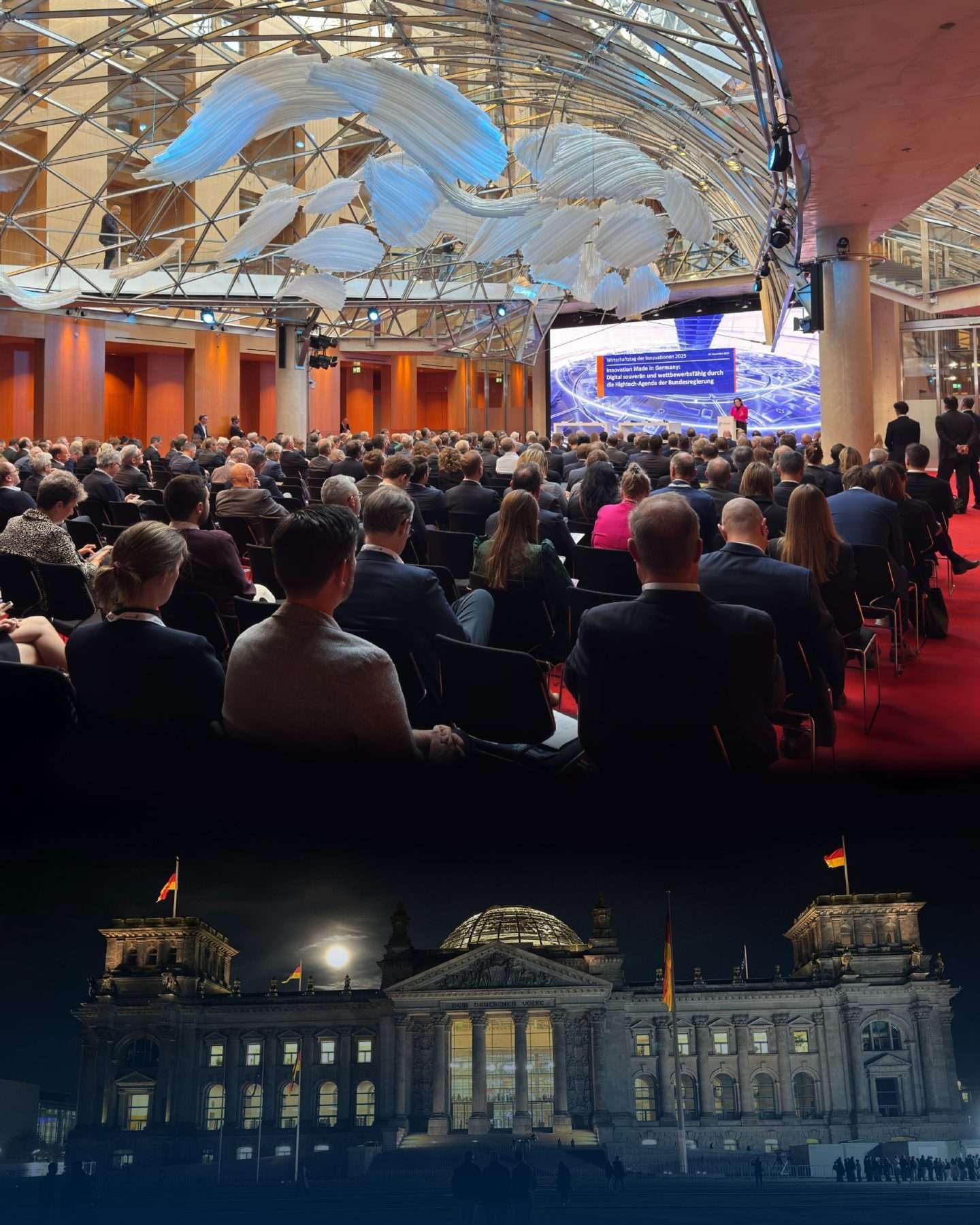 Konferenz im modernen Gebäude und beleuchteter Bundestag bei Nacht