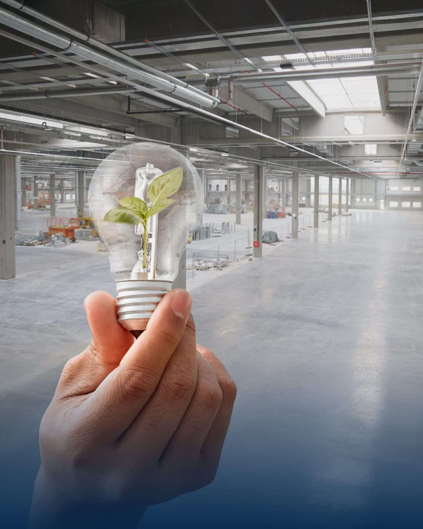 Рука держит лампочку с зеленым побегом растения на фабрике