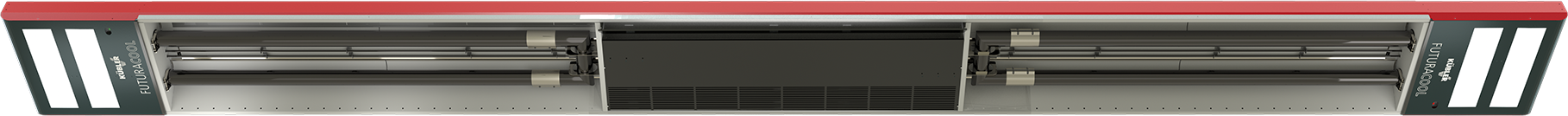 Industrielt luftkjølesystem med rødt hus og ventilasjonssystem