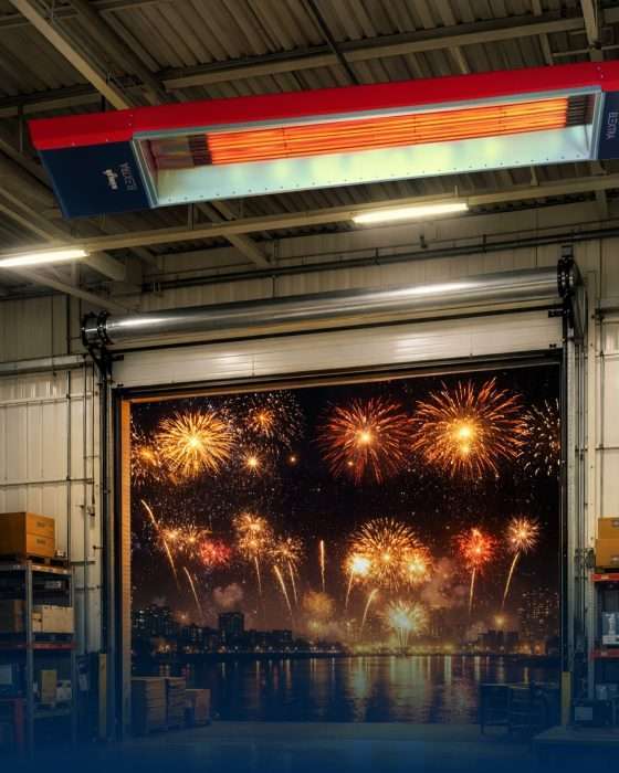 Industriehalle mit Blick auf Feuerwerk