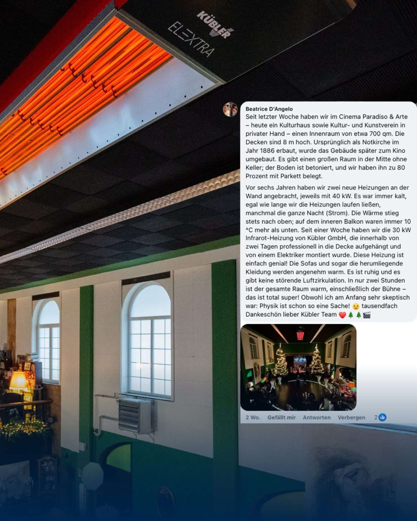 Indvendigt med loftvarme og grønne vægge