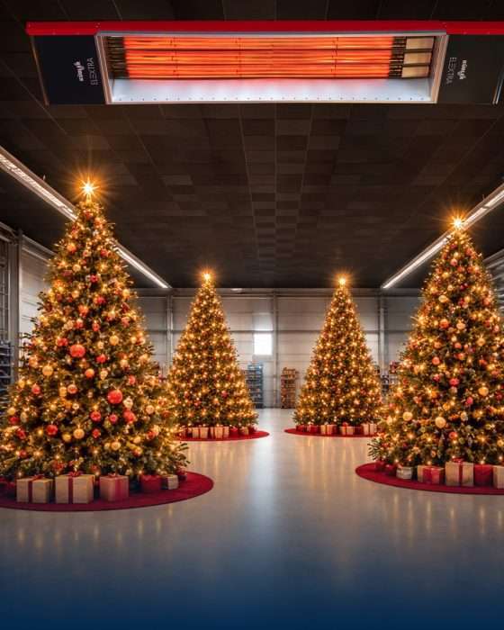 Beleuchtete Weihnachtsbäume in festlich geschmückter Halle