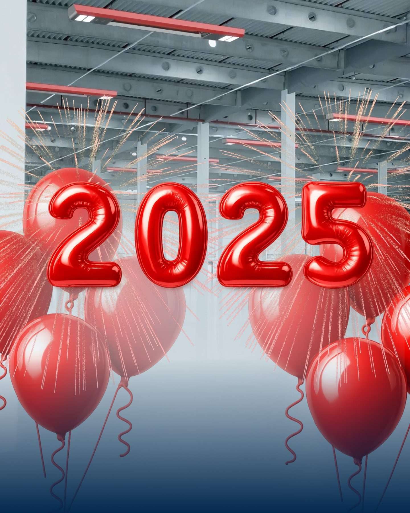 Røde ballonger med 2025 og fyrverkeri