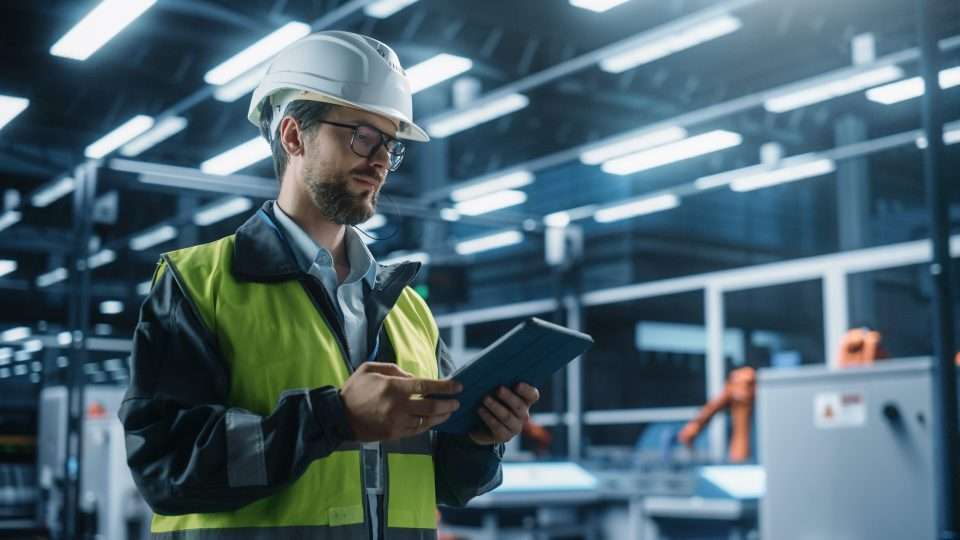 Ingeniør kontrollerer data på tablet i fabrik